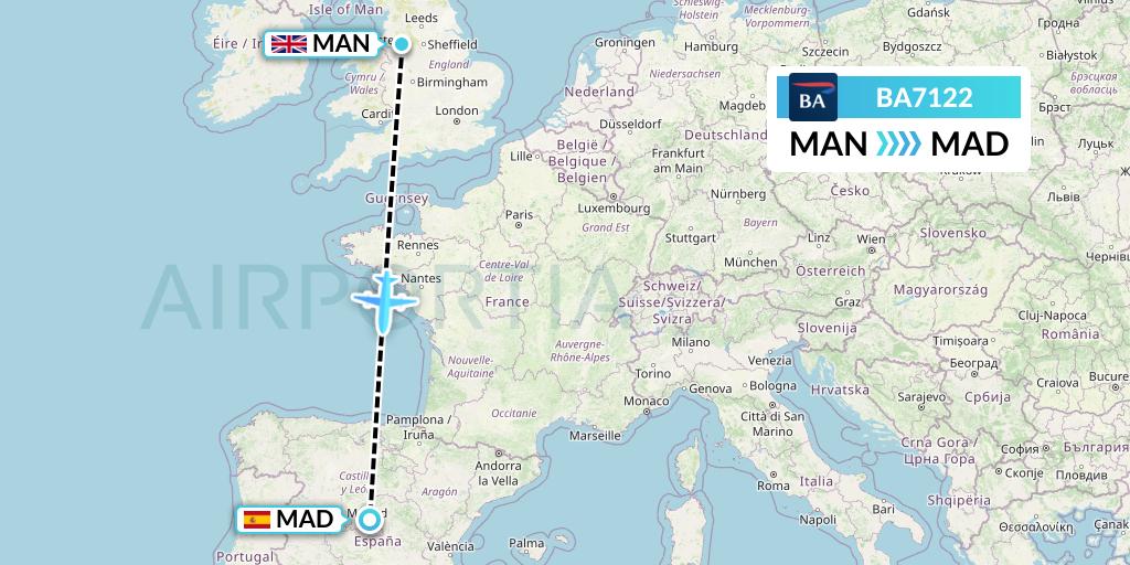 BA7122 British Airways Flight Map: Manchester to Madrid