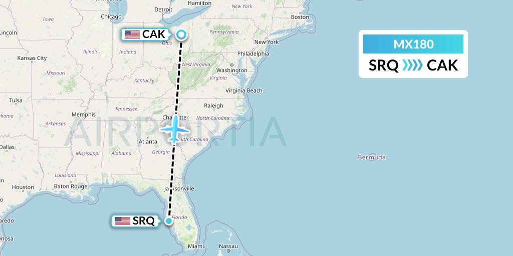 MX180 Breeze Airways Flight Map: Sarasota to Akron