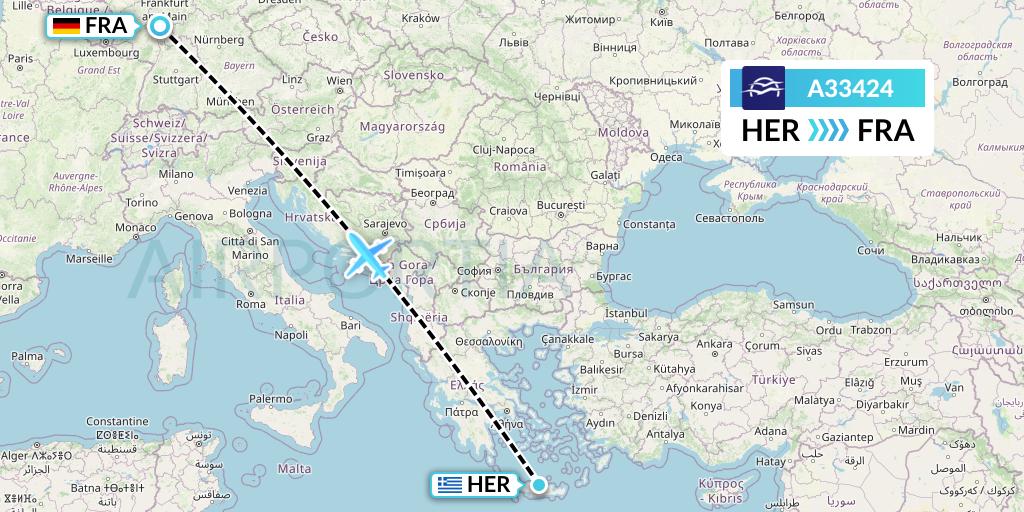 A33424 Aegean Airlines Flight Map: Heraklion to Frankfurt