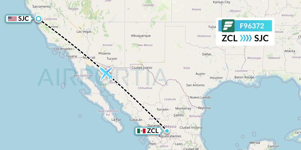 F96372 Frontier Airlines Flight Map: Zacatecas to San Jose