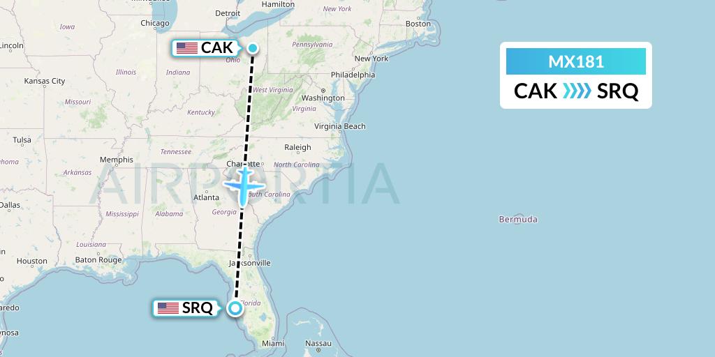 MX181 Breeze Airways Flight Map: Akron to Sarasota
