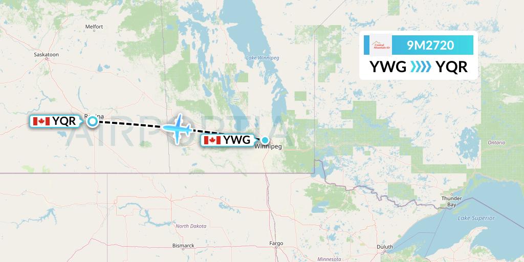 9M2720 Central Mountain Air Flight Map: Winnipeg to Regina