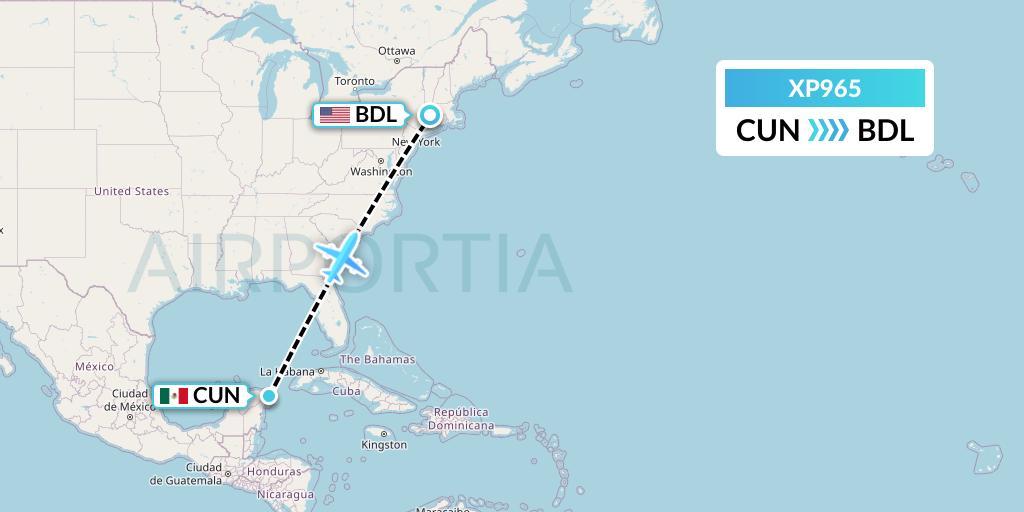 XP965 Avelo Airlines Flight Map: Cancun to Windsor Locks