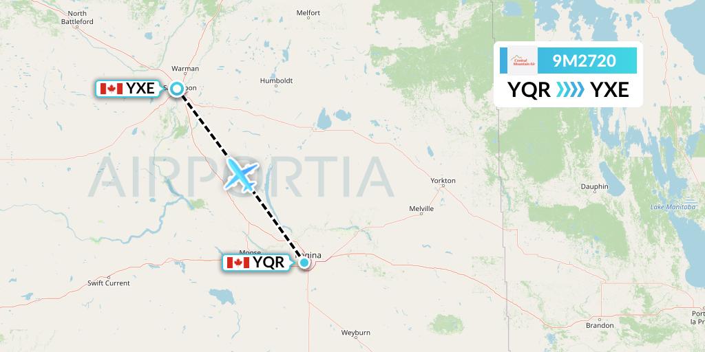 9M2720 Central Mountain Air Flight Map: Regina to Saskatoon