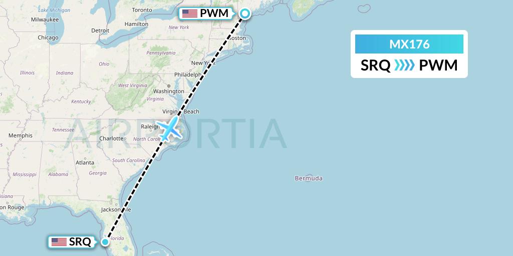 MX176 Breeze Airways Flight Map: Sarasota to Portland