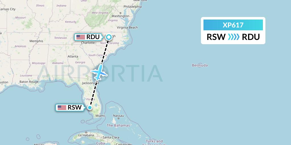 XP617 Avelo Airlines Flight Map: Fort Myers to Raleigh-Durham