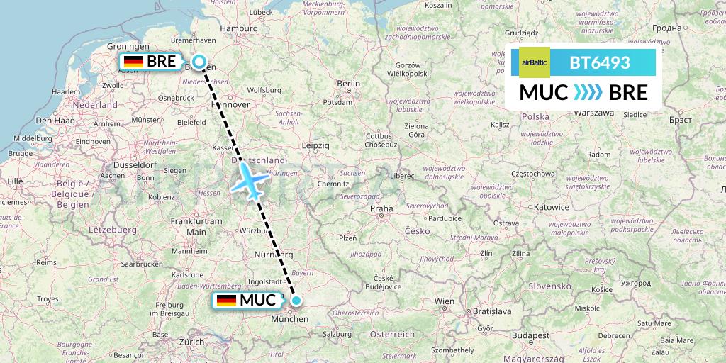 BT6493 Air Baltic Flight Map: Munich to Bremen