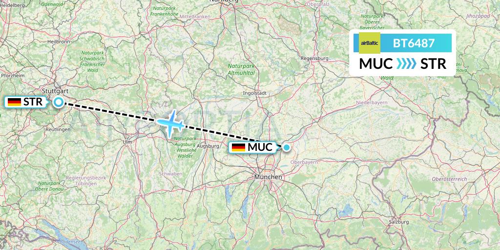 BT6487 Air Baltic Flight Map: Munich to Stuttgart