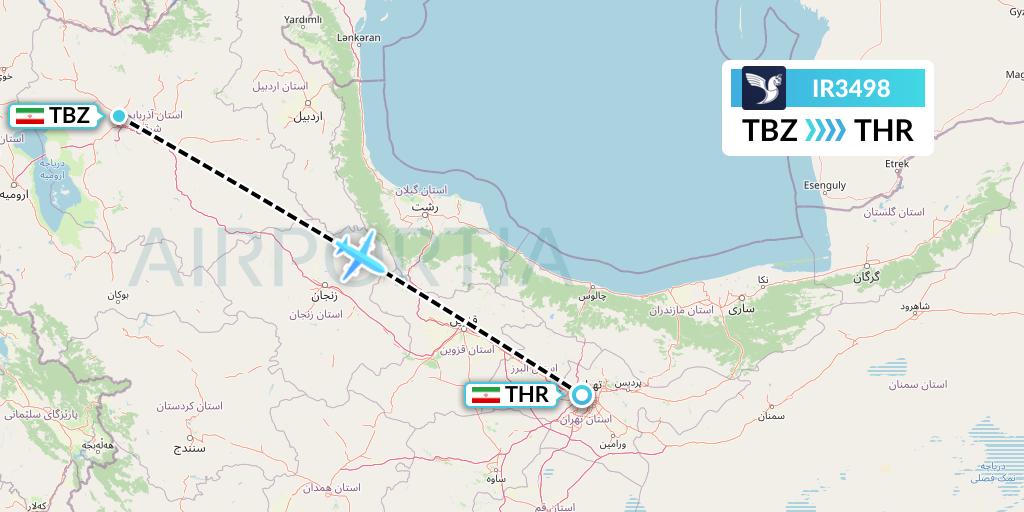 IR3498 Iran Air Flight Map: Tabriz to Tehran