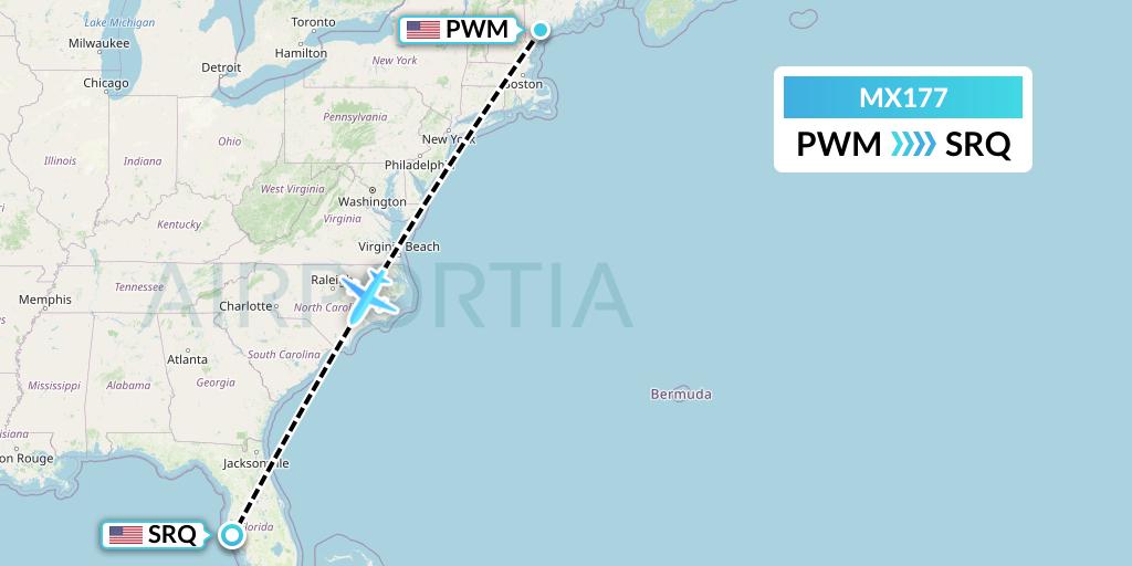 MX177 Breeze Airways Flight Map: Portland to Sarasota