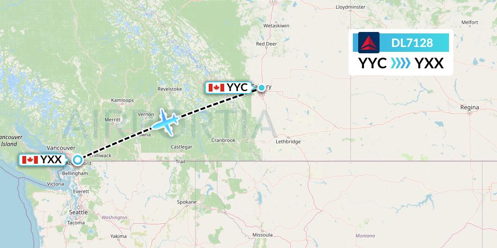 DL7128 Delta Air Lines Flight Map: Calgary to Abbotsford