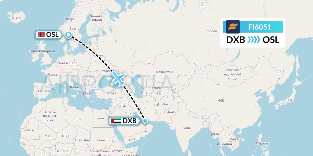 FI6051 Icelandair Flight Map: Dubai to Oslo
