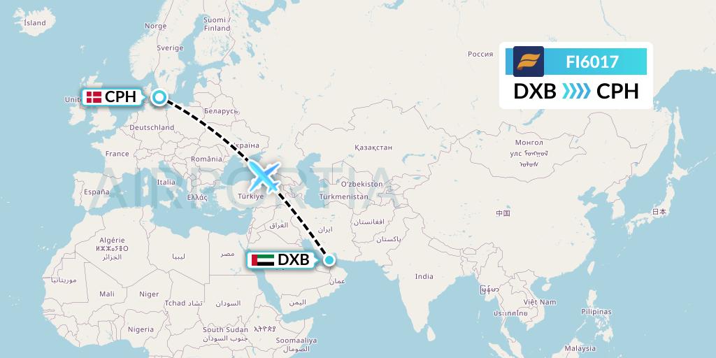 FI6017 Icelandair Flight Map: Dubai to Copenhagen