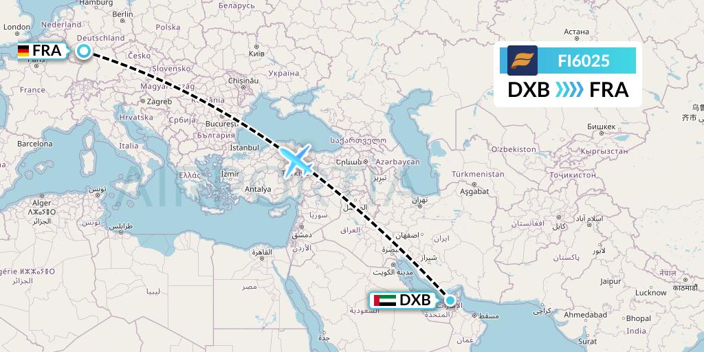 FI6025 Icelandair Flight Map: Dubai to Frankfurt