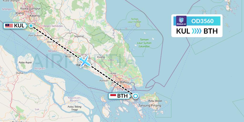 OD3560 Batik Air Malaysia Flight Map: Kuala Lumpur to Batam