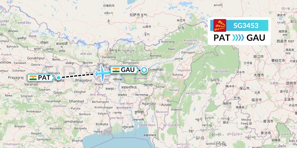 SG3453 SpiceJet Flight Map: Patna to Guwahati