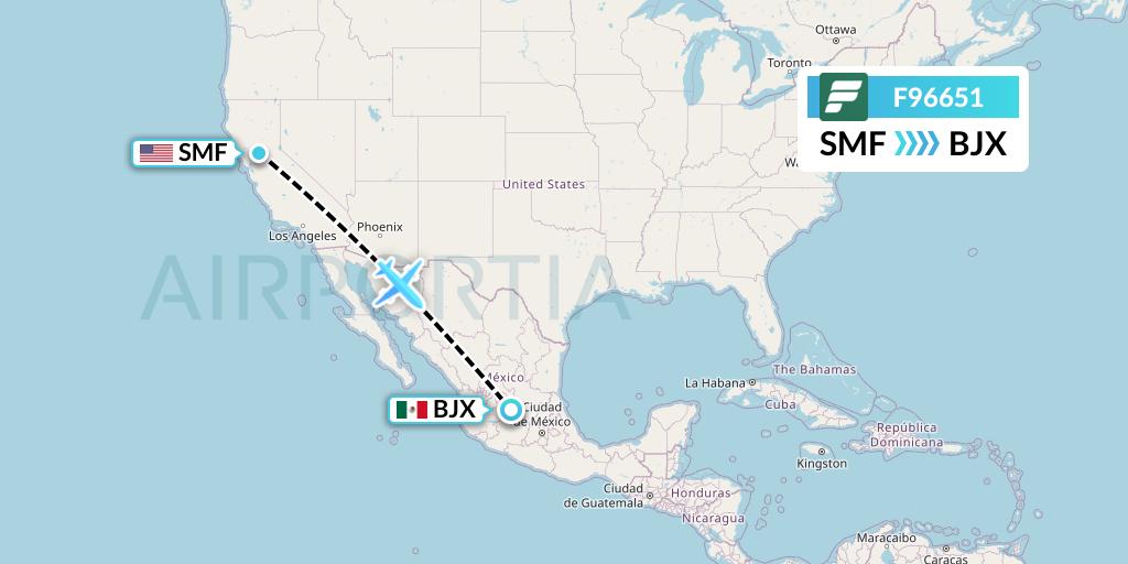 F96651 Frontier Airlines Flight Map: Sacramento to Silao