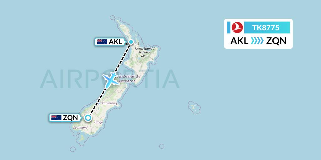TK8775 Turkish Airlines Flight Map: Auckland to Queenstown