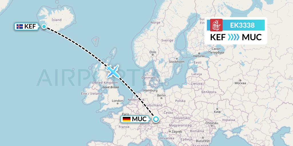 EK3338 Emirates Flight Map: Reykjavik to Munich