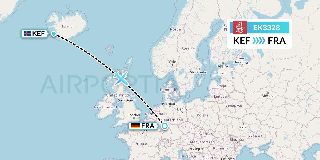 EK3328 Emirates Flight Map: Reykjavik to Frankfurt