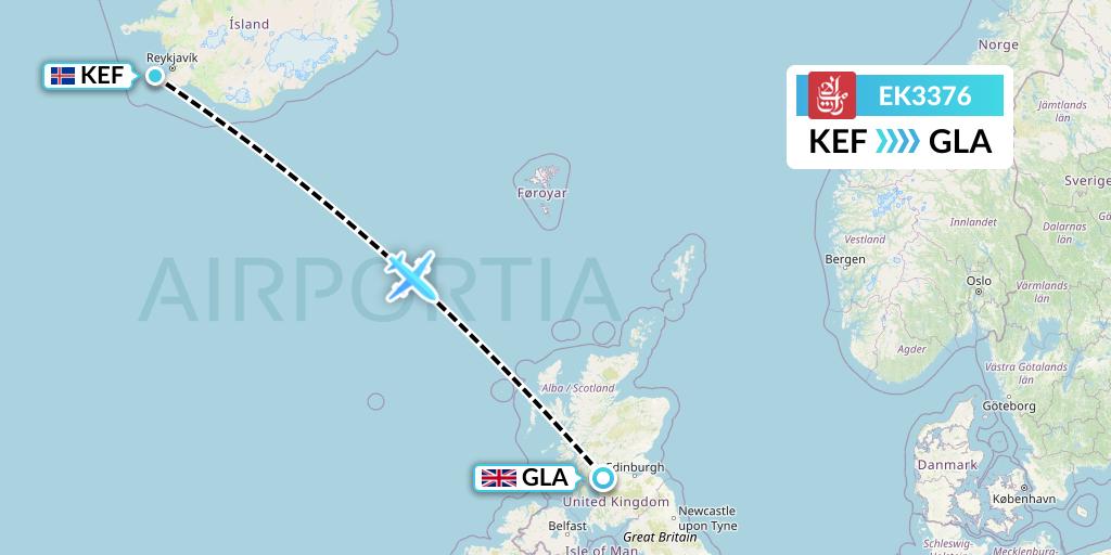 EK3376 Emirates Flight Map: Reykjavik to Glasgow