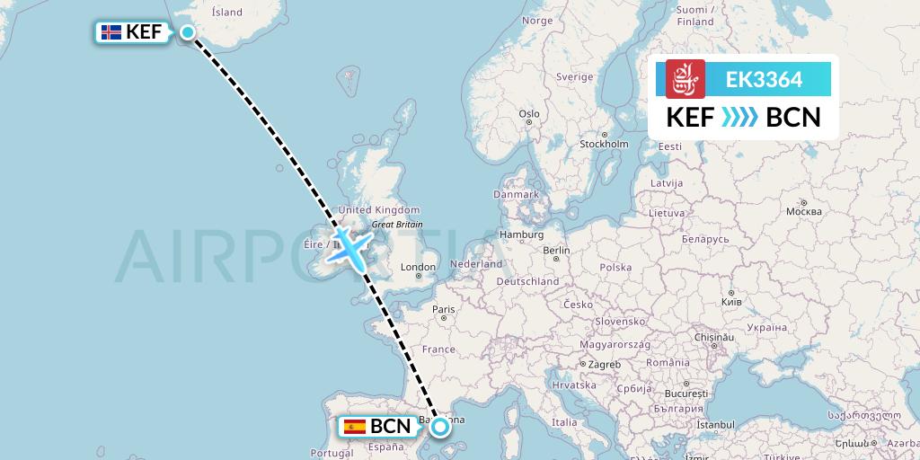 EK3364 Emirates Flight Map: Reykjavik to Barcelona