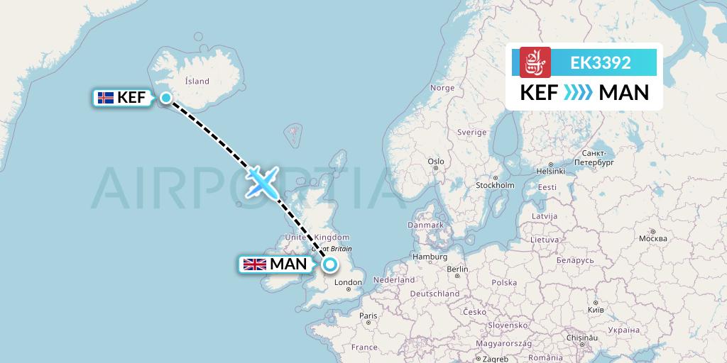 EK3392 Emirates Flight Map: Reykjavik to Manchester