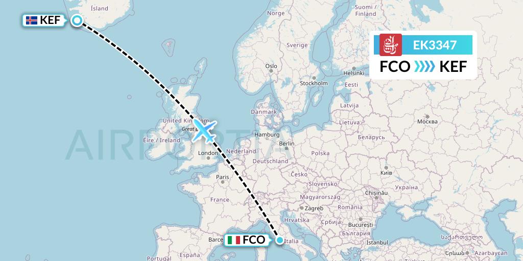 EK3347 Emirates Flight Map: Rome to Reykjavik