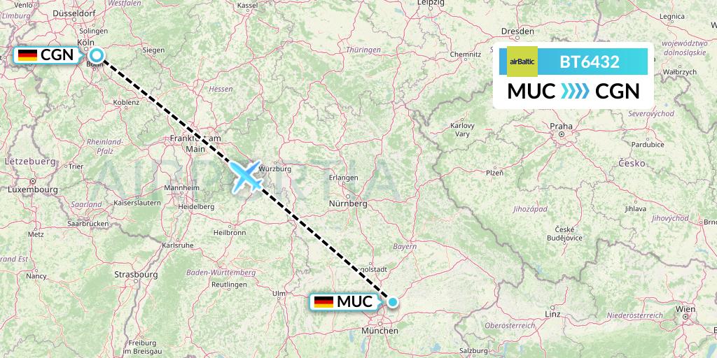 BT6432 Air Baltic Flight Map: Munich to Cologne