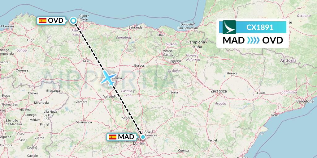 CX1891 Cathay Pacific Flight Map: Madrid to Asturias