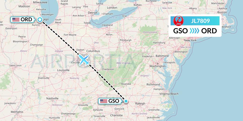 JL7809 Japan Airlines Flight Map: Greensboro to Chicago