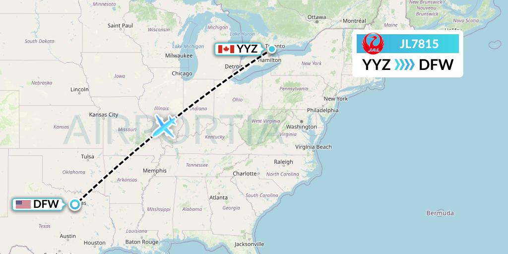 JL7815 Japan Airlines Flight Map: Toronto to Dallas