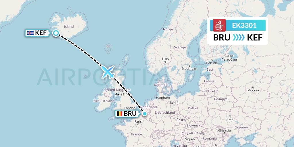 EK3301 Emirates Flight Map: Brussels to Reykjavik