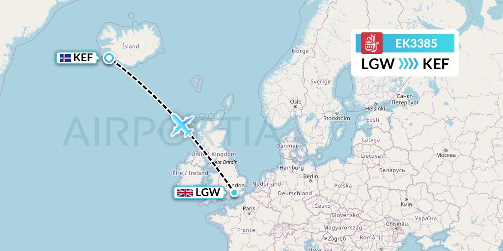 EK3385 Emirates Flight Map: London to Reykjavik