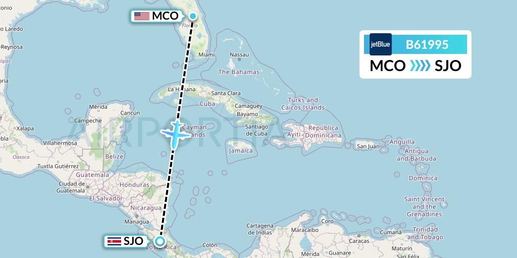 B61995 JetBlue Airways Flight Map: Orlando to San Jose