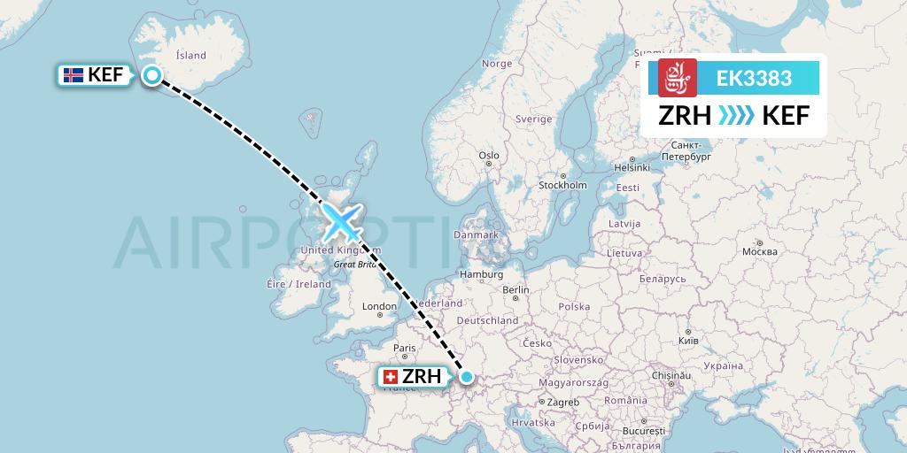 EK3383 Emirates Flight Map: Zurich to Reykjavik