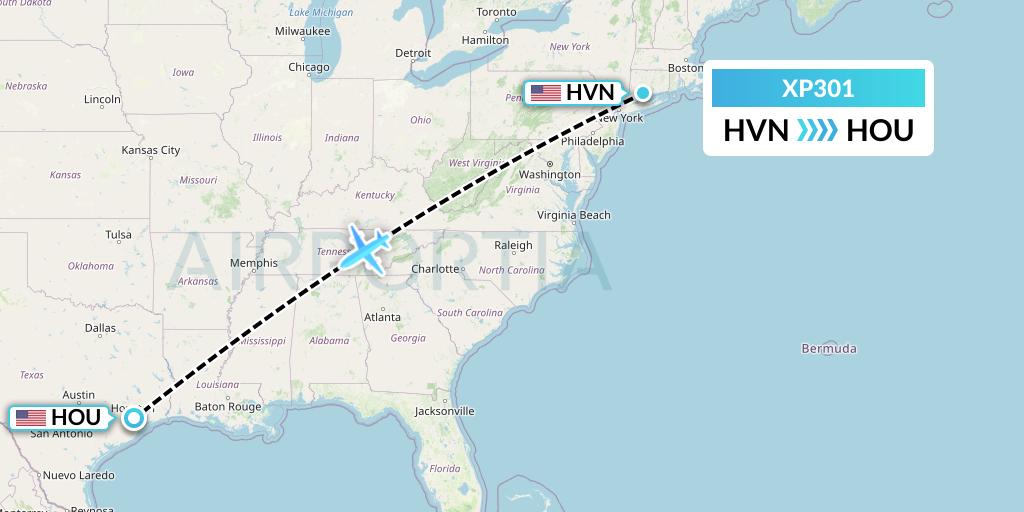 XP301 Avelo Airlines Flight Map: New Haven to Houston