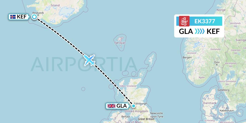 EK3377 Emirates Flight Map: Glasgow to Reykjavik
