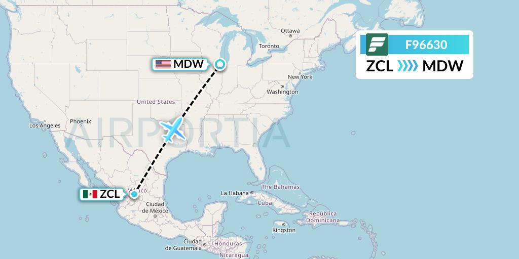 F96630 Frontier Airlines Flight Map: Zacatecas to Chicago