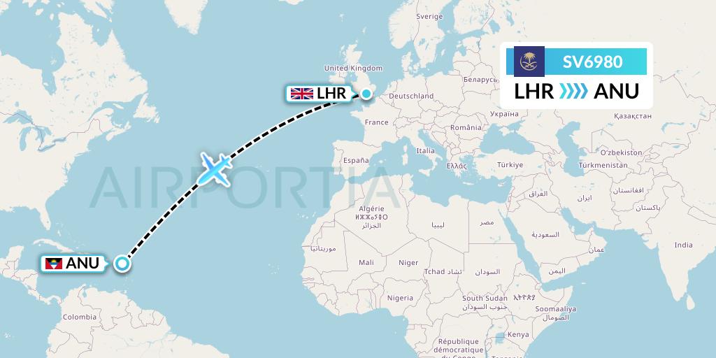 SV6980 Saudi Arabian Airlines Flight Map: London to Antigua