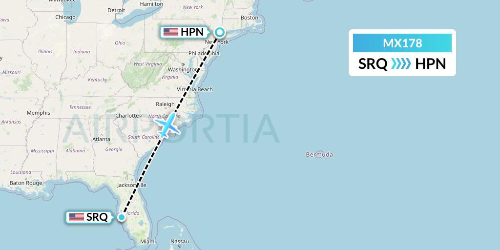 MX178 Breeze Airways Flight Map: Sarasota to White Plains