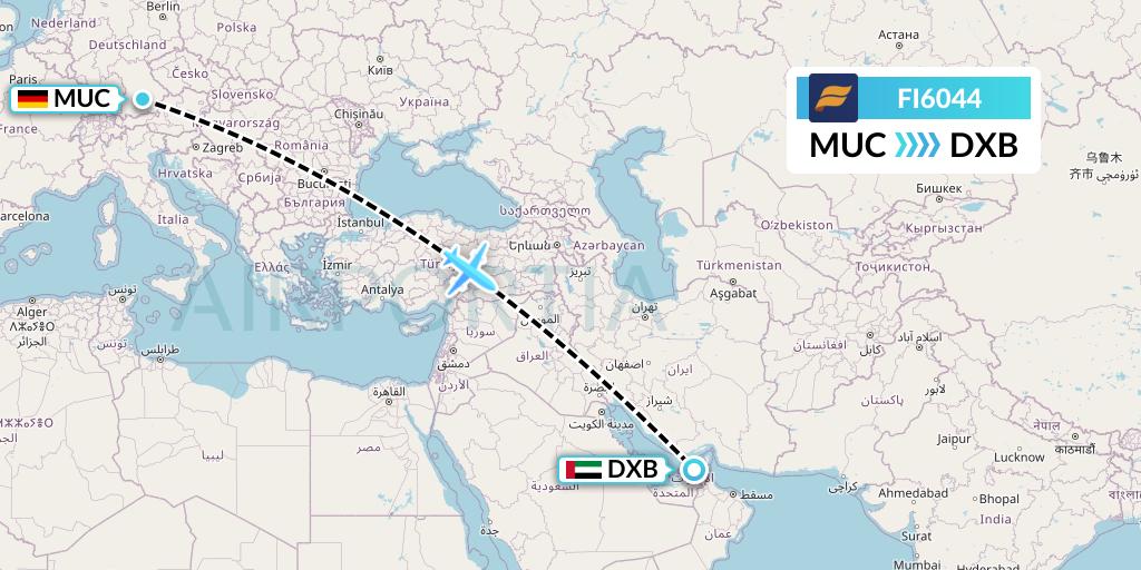 FI6044 Icelandair Flight Map: Munich to Dubai