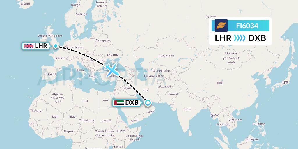 FI6034 Icelandair Flight Map: London to Dubai