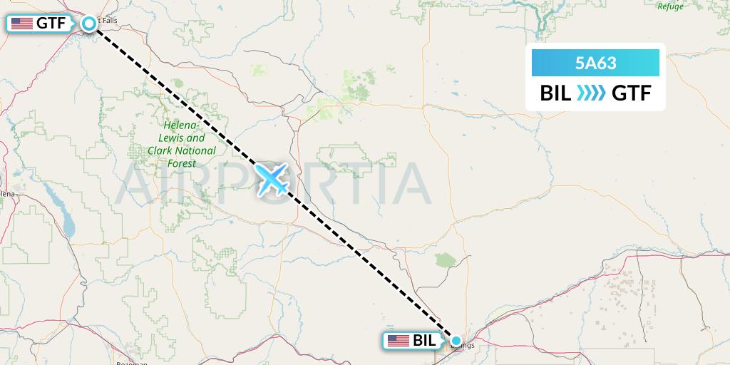5A63 Alpine Air Express Flight Map: Billings to Great Falls
