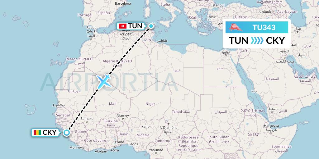 TU343 Tunisair Flight Map: Tunis to Conakry