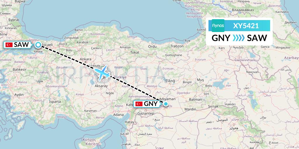 XY5421 Flynas Flight Map: Sanliurfa to Istanbul