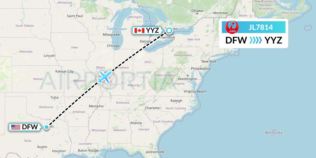 JL7814 Japan Airlines Flight Map: Dallas to Toronto
