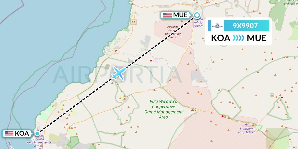 9X9907 Southern Airways Express Flight Map: Kailua-Kona to Kamuela