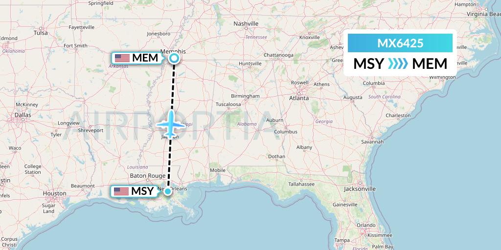 MX6425 Breeze Airways Flight Map: New Orleans to Memphis