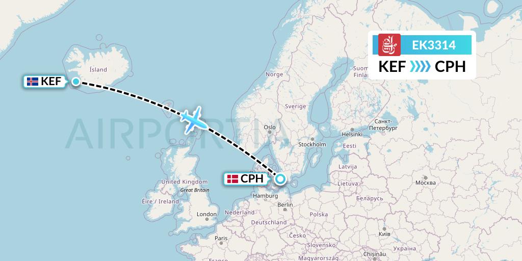 EK3314 Emirates Flight Map: Reykjavik to Copenhagen
